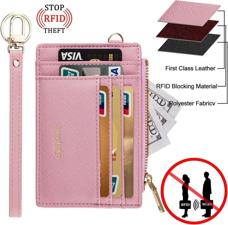 Wikavanli Women Slim Rfid Blocking Credit Card Case Holder Wristlet Zip ID Case Wallet Small Compact Leather Wallet Coin Purse with Keychain (Pink) - Image 4